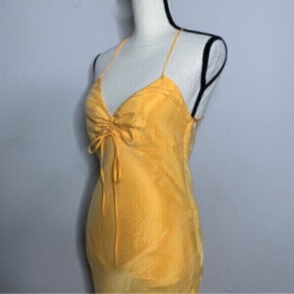 NWT Zara Tangerine Satin Effect Ruched Detail Slip Midi Dress - Picture 8 of 10